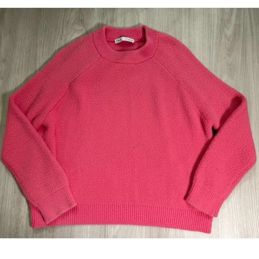 ZARA Textured Crewneck Pullover Sweater Bright Pink Cozy Knit Womens S